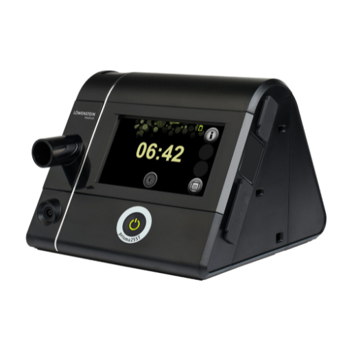 Löwenstein prisma 30ST BiPAP ST device available on rent in Chennai — angled front view with colour therapy display