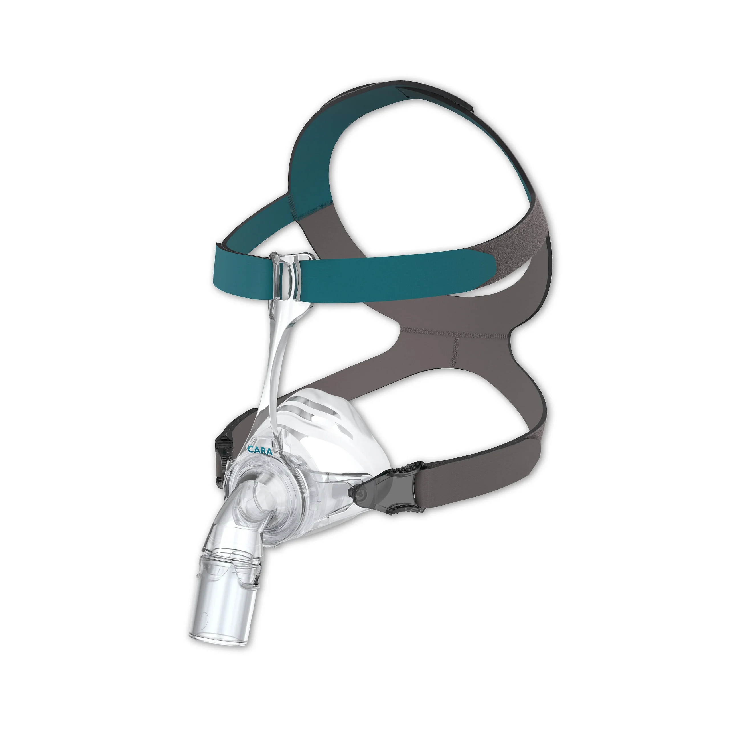 Löwenstein CARA nasal CPAP mask with teal and grey headgear — right side view showing the clear cushion and swivel tube elbow