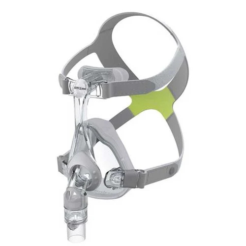 Löwenstein JOYCE Full Face SilkGel CPAP mask — right side view with grey and green headgear and clear gel cushion