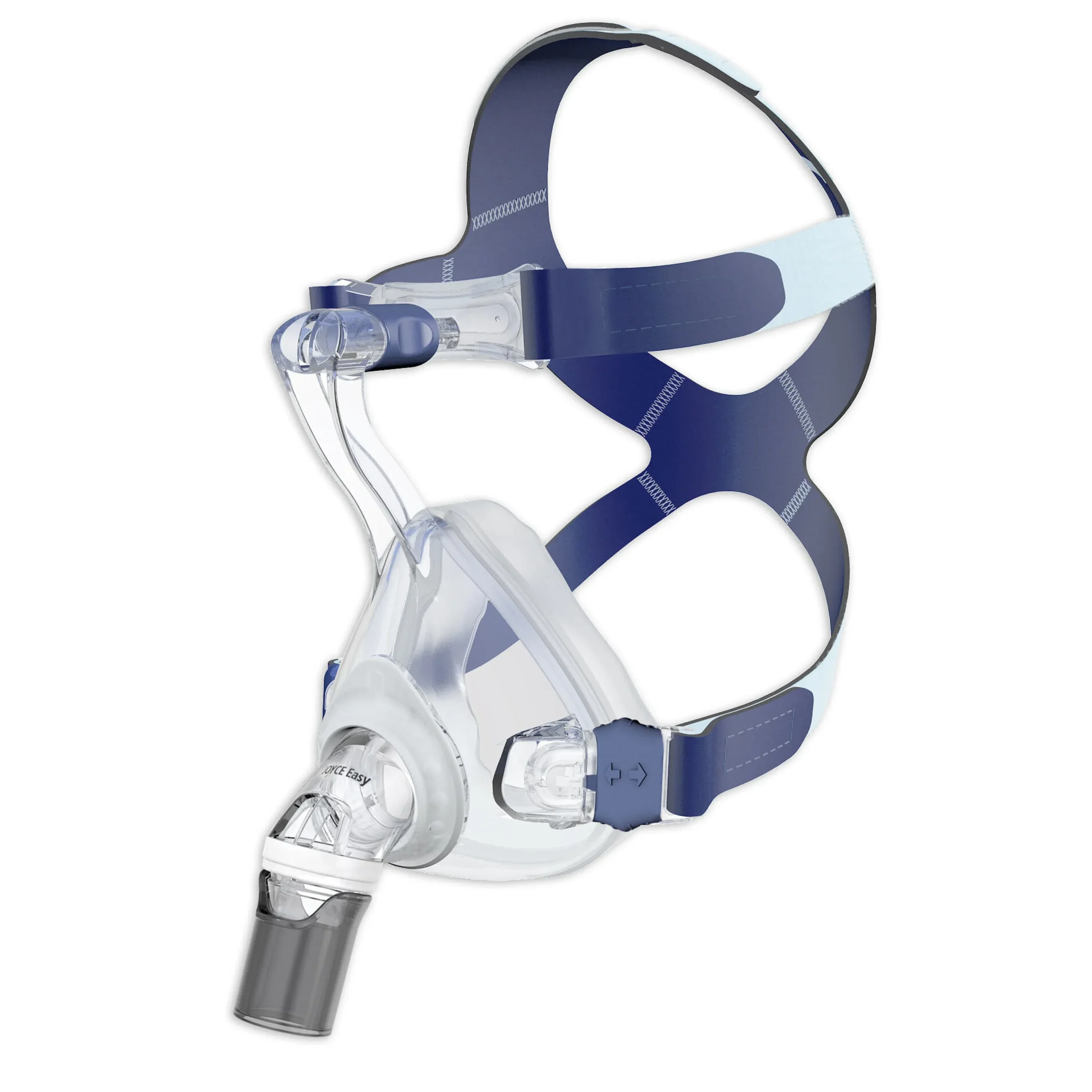 Löwenstein JOYCEeasy full face CPAP mask — right side view with blue headgear, clear cushion and swivel elbow