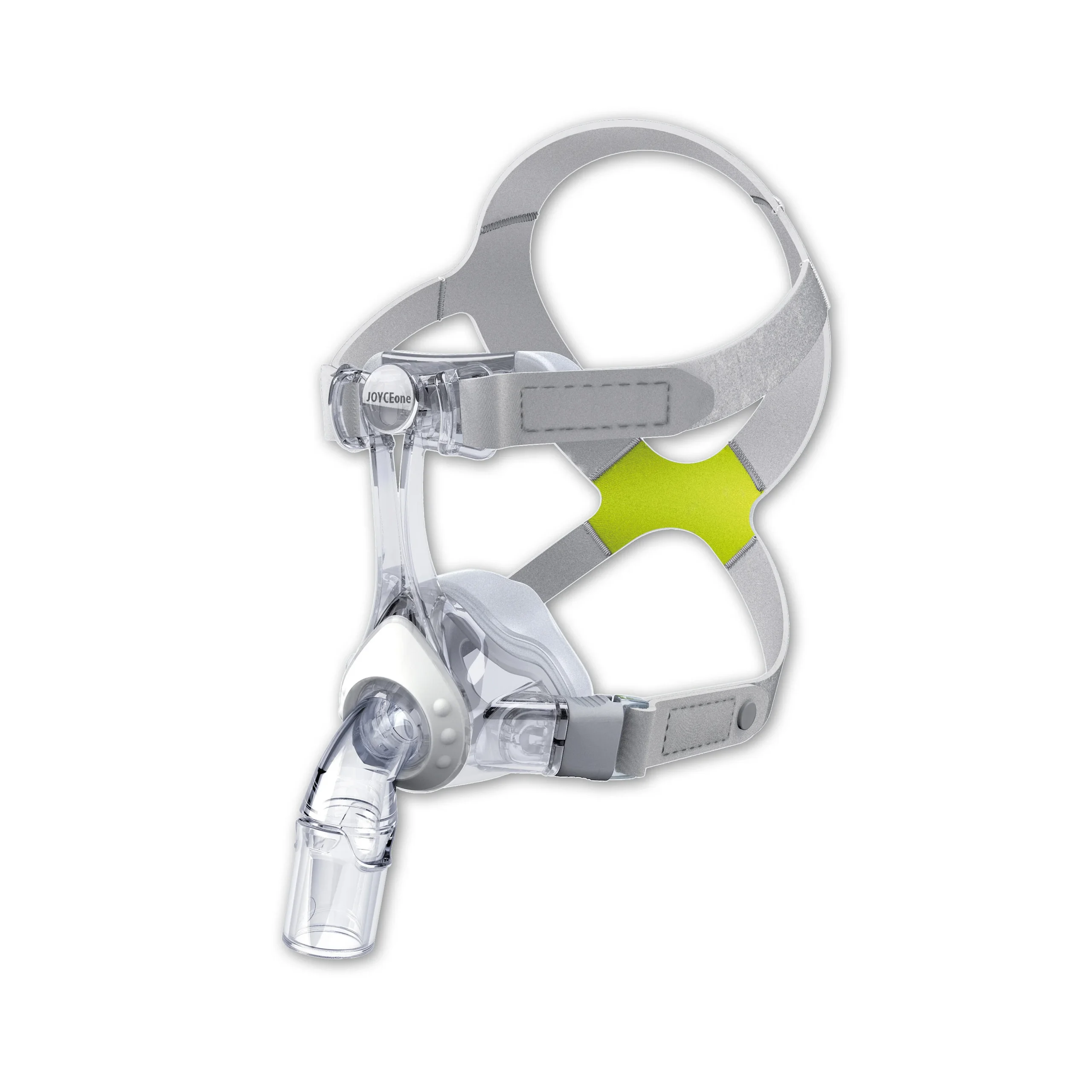 Löwenstein JOYCEone nasal CPAP mask — right side view with grey and green headgear and clear frame