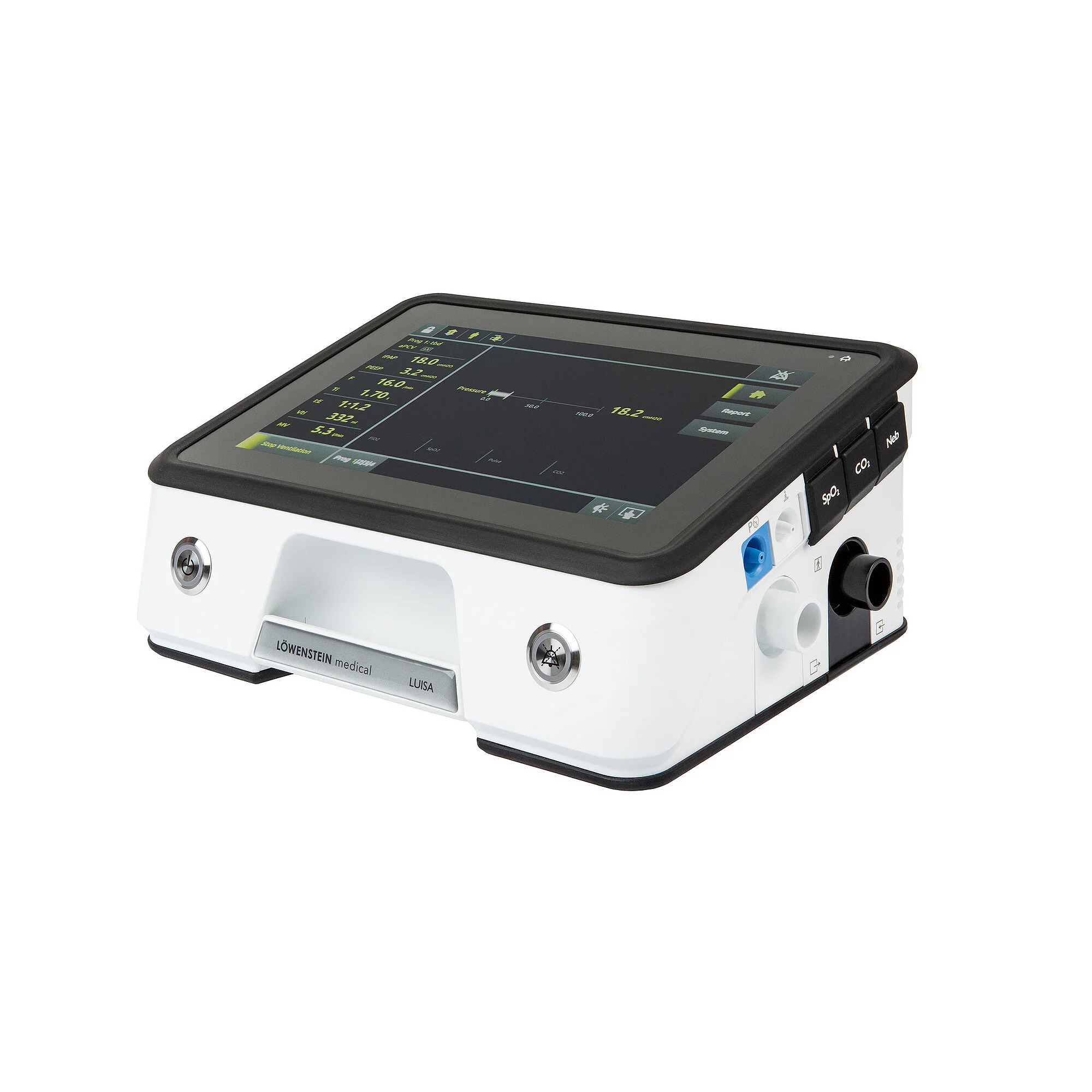 Löwenstein LUISA life-support ventilator — angled view of the touchscreen showing ventilation parameters, with SpO2, CO2 and nebuliser modules fitted