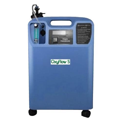 OxyFlow 5 LPM oxygen concentrator — blue stationary unit with flow meter, humidifier bottle and castor wheels