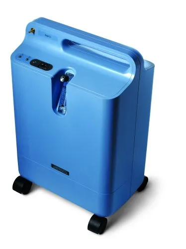 Philips Respironics EverFlo 5 LPM oxygen concentrator on rent in Chennai — light blue unit on castor wheels