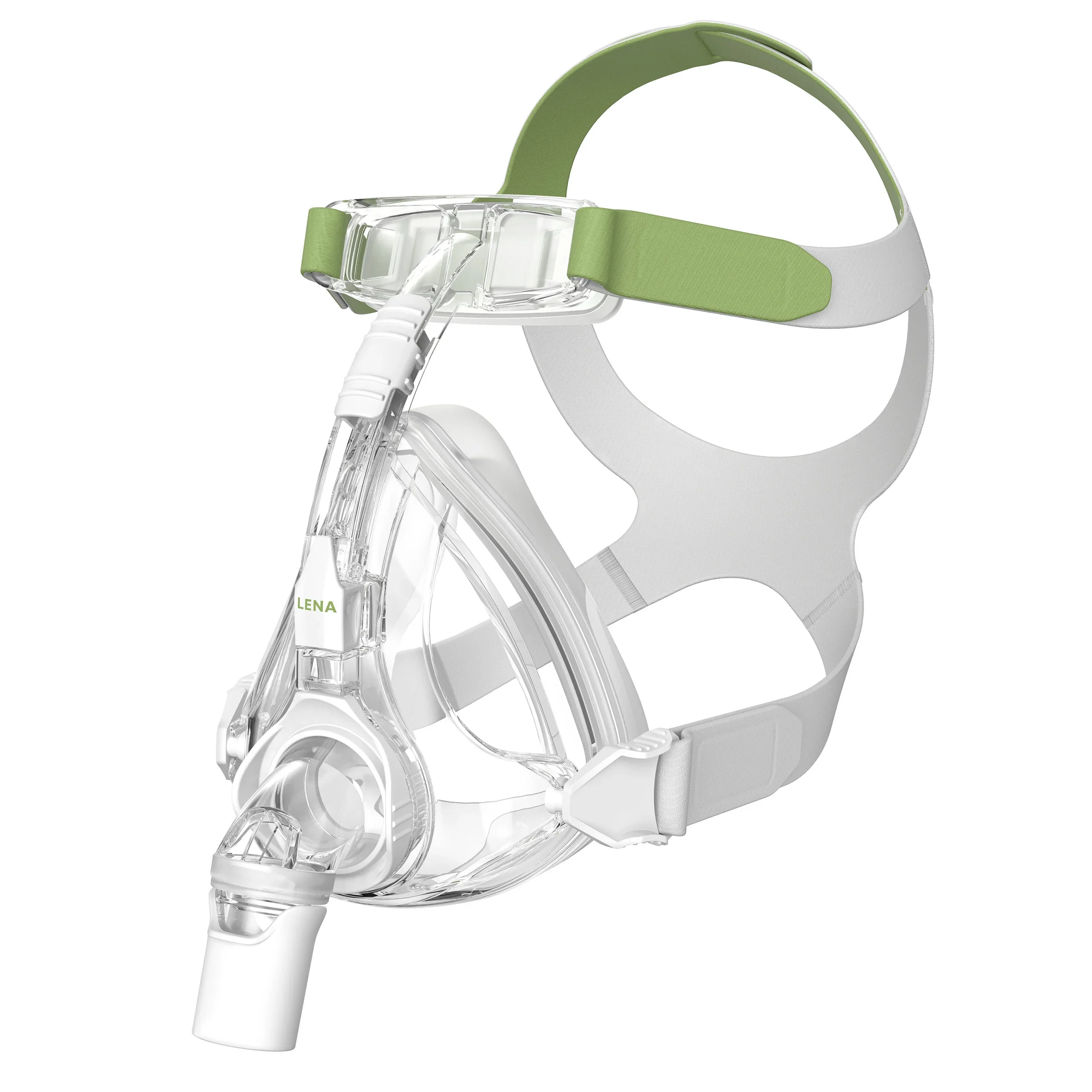Löwenstein LENA full face CPAP mask — right side view with green and white headgear and clear full-face cushion