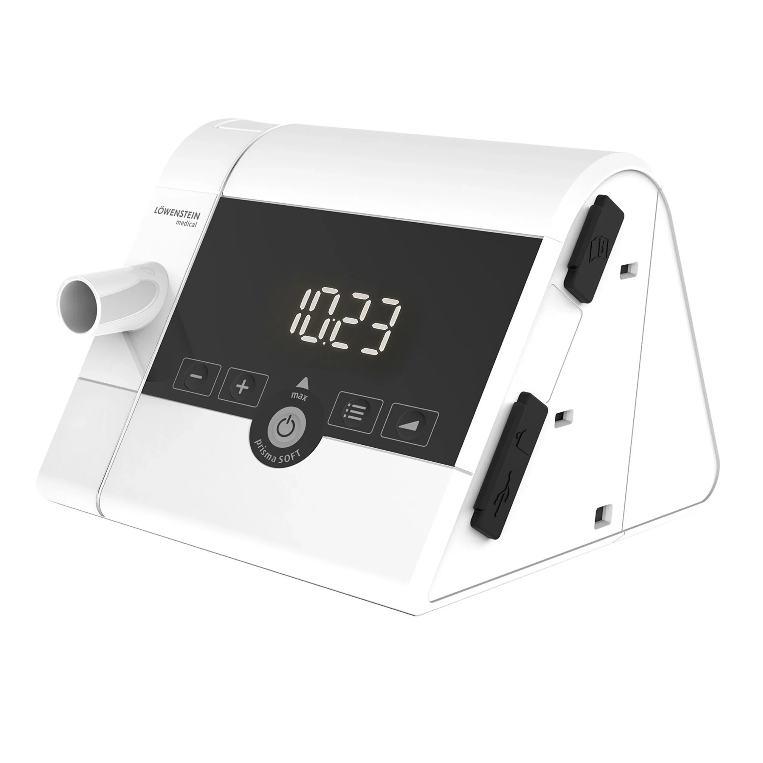 Löwenstein prisma SMART plus auto CPAP machine — left angled view of the white device with LED display and air outlet