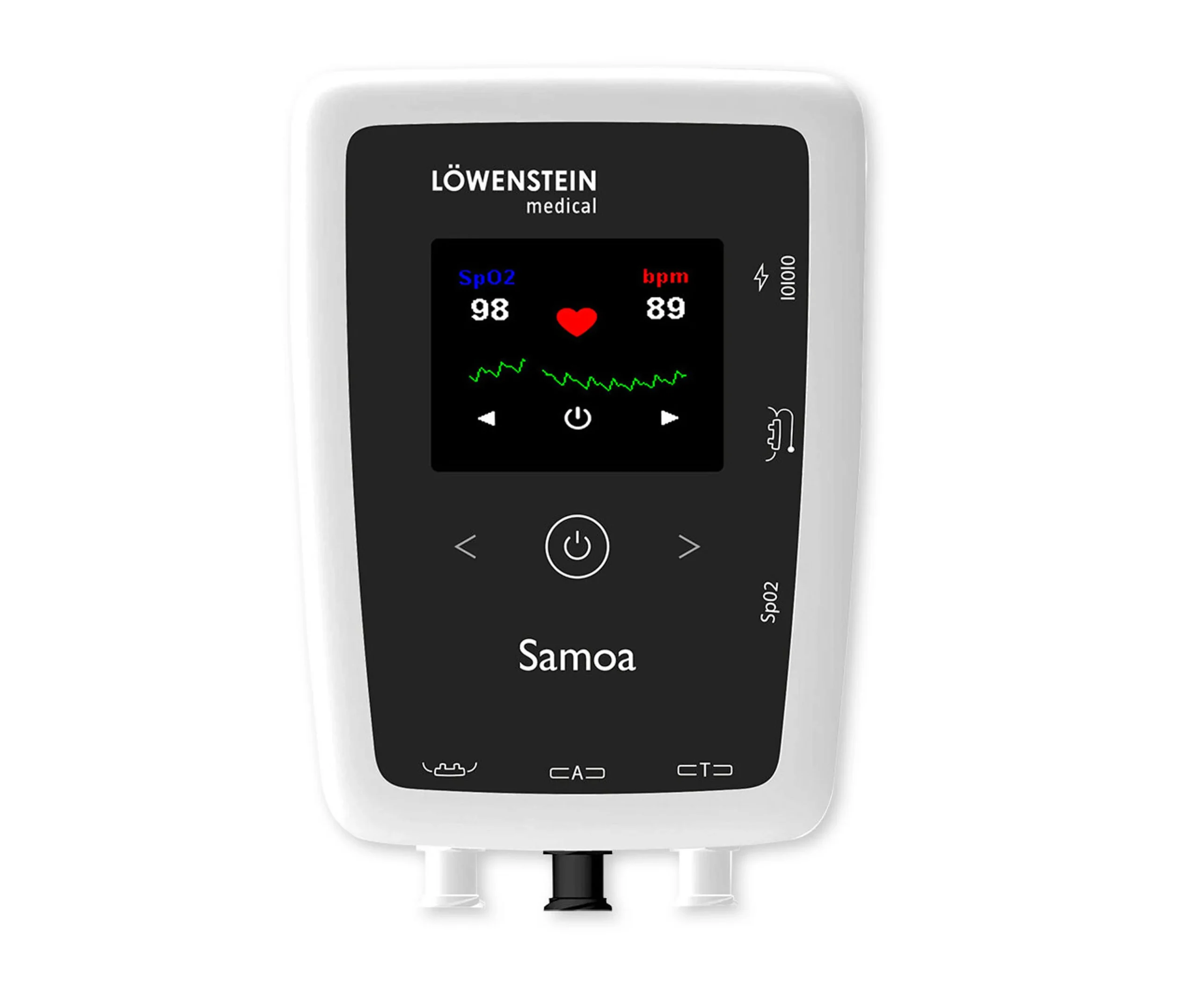 Löwenstein Samoa polygraphy device — front view of the white recorder showing SpO2 98% and pulse 89 bpm, with sensor ports along the base